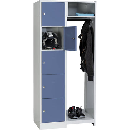 Dresden cloakroom locker system, 5 compartments, 1 coat rack, W 850 mm, light grey / pigeon blue.