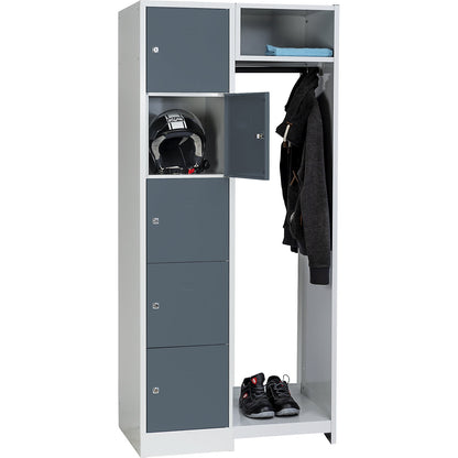 Dresden cloakroom locker system, 5 compartments, 1 coat rack, W 850 mm, light grey / basalt grey.