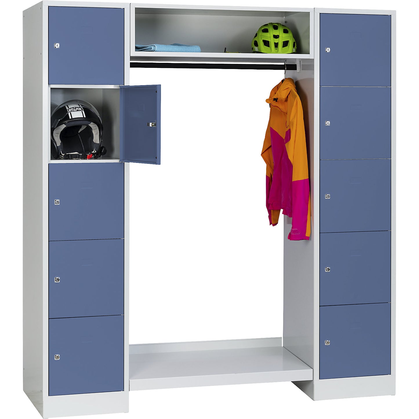 Dresden cloakroom locker system, 2 compartments, 1 coat rack, W 1670 mm, light grey / pigeon blue.