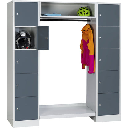 Dresden cloakroom locker system, 2 compartments, 1 coat rack, W 1670 mm, light grey / basalt grey.