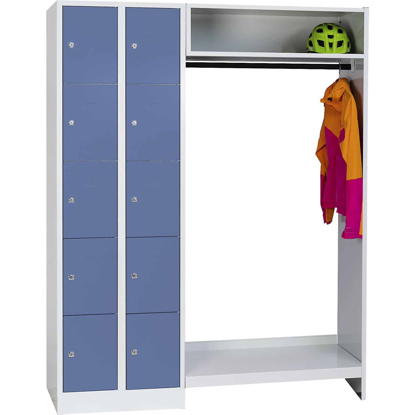 Dresden cloakroom locker system, 2 compartments on left, 1 coat rail, W 1470 mm, light grey / pigeon blue.