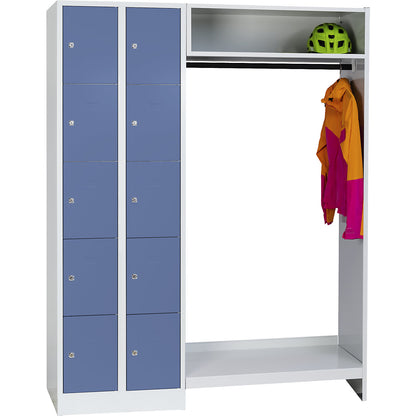 Dresden cloakroom locker system, 2 compartments on left, 1 coat rail, W 1470 mm, light grey / pigeon blue.