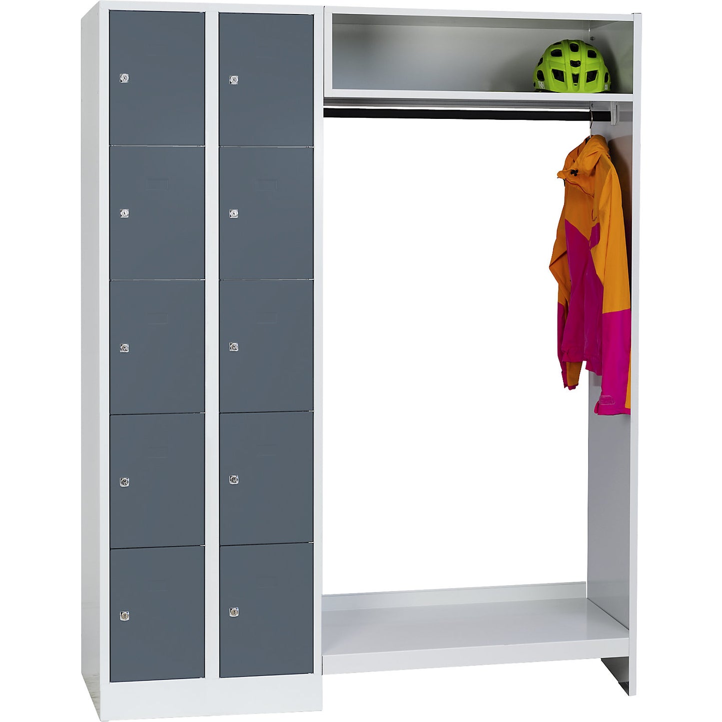 Dresden cloakroom locker system, 2 compartments on left, 1 coat rail, W 1470 mm, light grey / basalt grey.