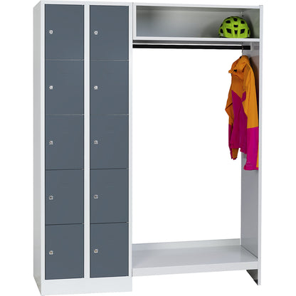 Dresden cloakroom locker system, 2 compartments on left, 1 coat rail, W 1470 mm, light grey / basalt grey.
