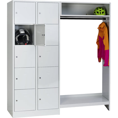 Dresden cloakroom locker system, 2 compartments on left, 1 coat rail, W 1670 mm, light grey.