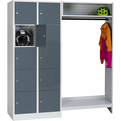 Dresden cloakroom locker system, 2 compartments on left, 1 coat rail, W 1670 mm, light grey / basalt grey.