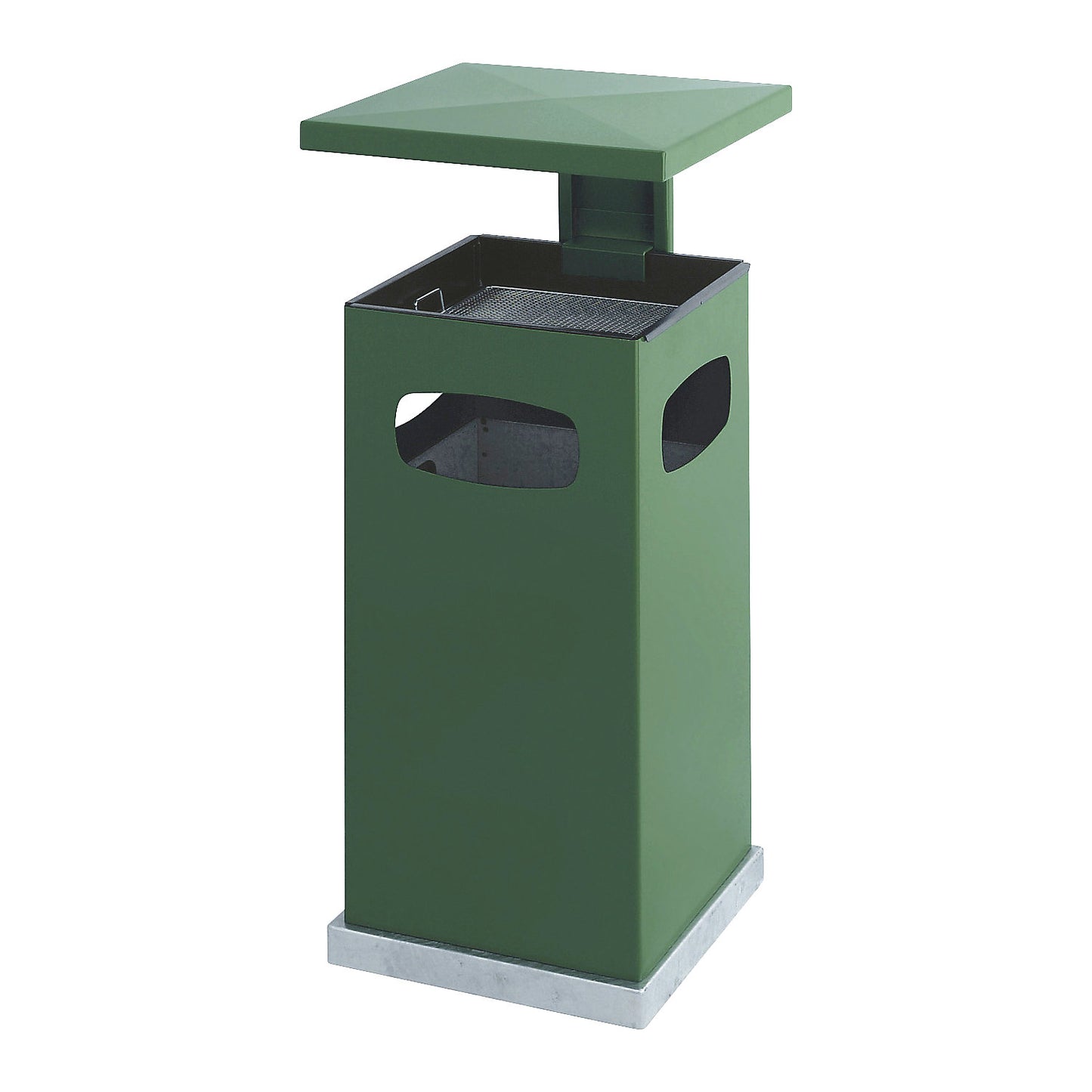 Waste collector with ashtray insert and protective cover, capacity 38 l, WxHxD 395 x 910 x 395 mm, moss green.