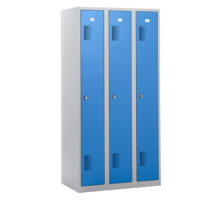 Amsterdam locker, 3 compartments, light grey / light blue, width 900 mm, rotary bolt.