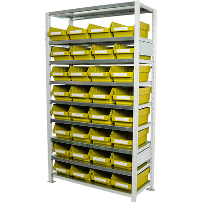 Boltless shelving unit with shelf bins, shelf unit height 1790 mm, basic shelf unit, depth 400 mm, 32 bins - yellow.