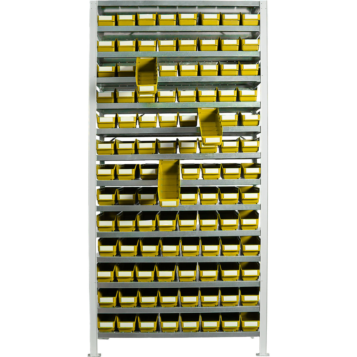 Boltless shelving unit with shelf bins, shelf height 2100 mm, basic shelf unit, depth 300 mm, 104 bins - yellow.