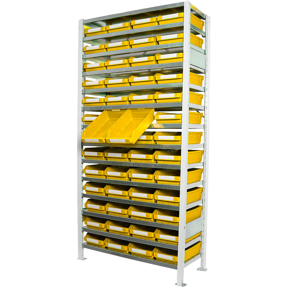 Boltless shelving unit with shelf bins, shelf height 2100 mm, basic shelf unit, depth 500 mm, 52 bins - yellow.
