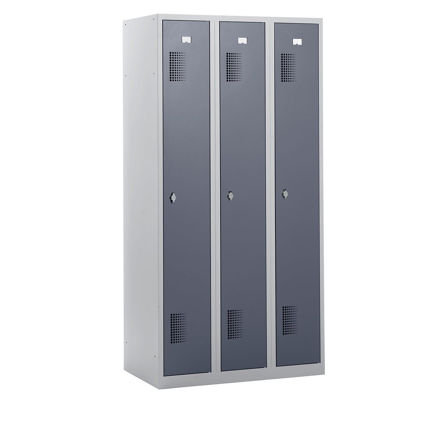 Amsterdam locker, 3 compartments, light grey / basalt grey, width 900 mm, rotary bolt.