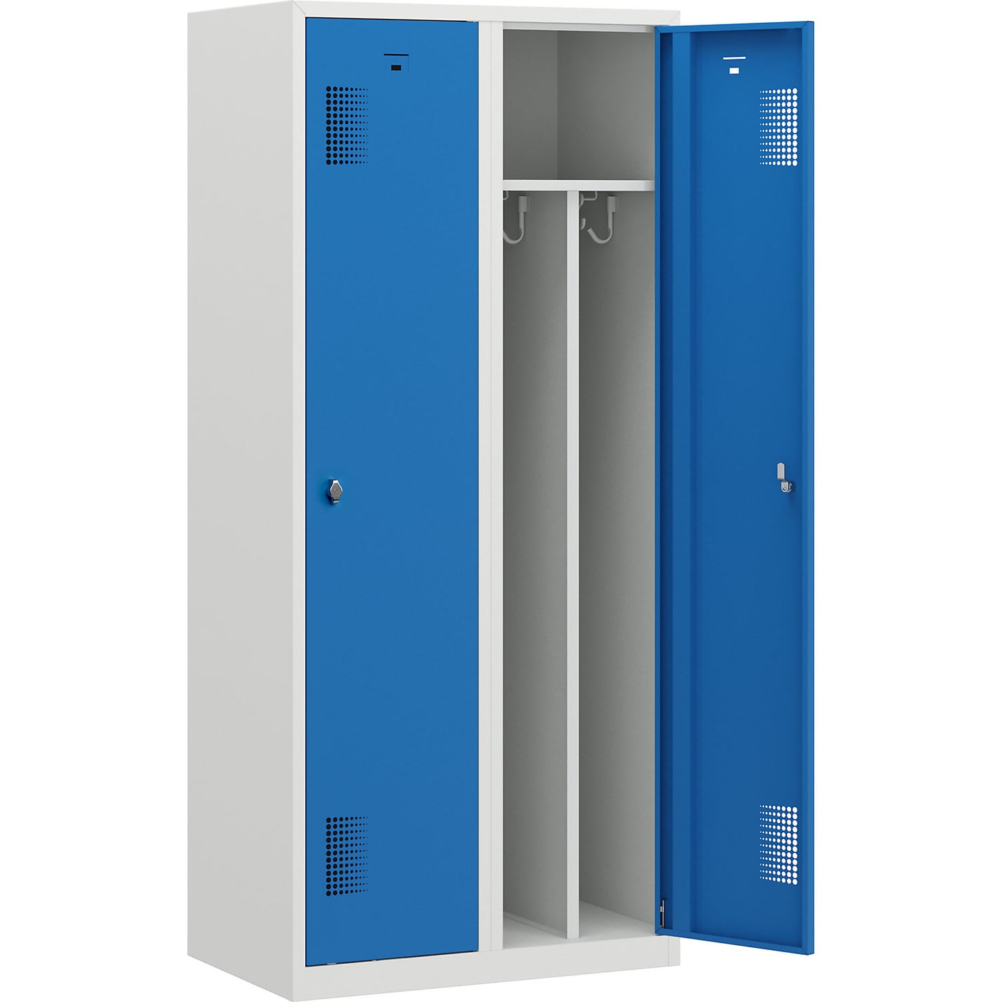 Amsterdam clean and dirty locker, centre divider, 2 compartments, light grey / light blue, width 800 mm.