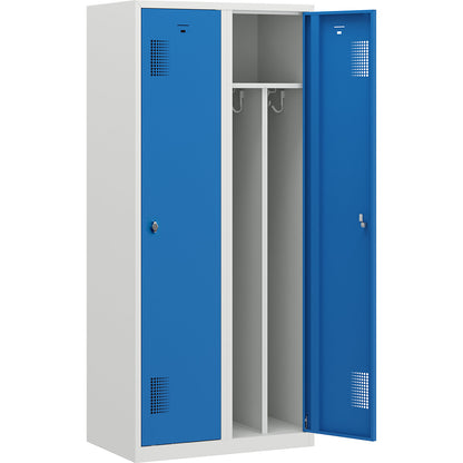 Amsterdam clean and dirty locker, centre divider, 2 compartments, light grey / light blue, width 800 mm.