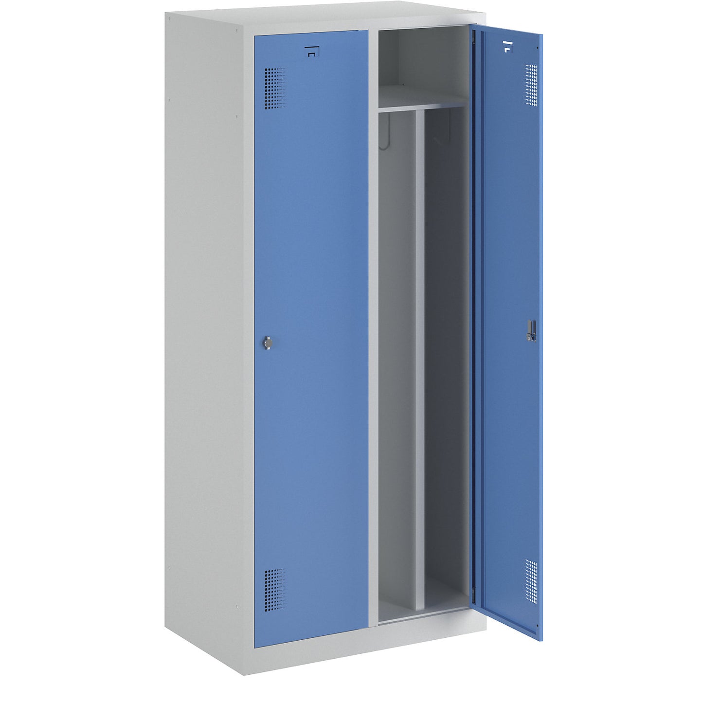 Amsterdam clean and dirty locker, centre divider, 2 compartments, light grey / light blue, width 800 mm.