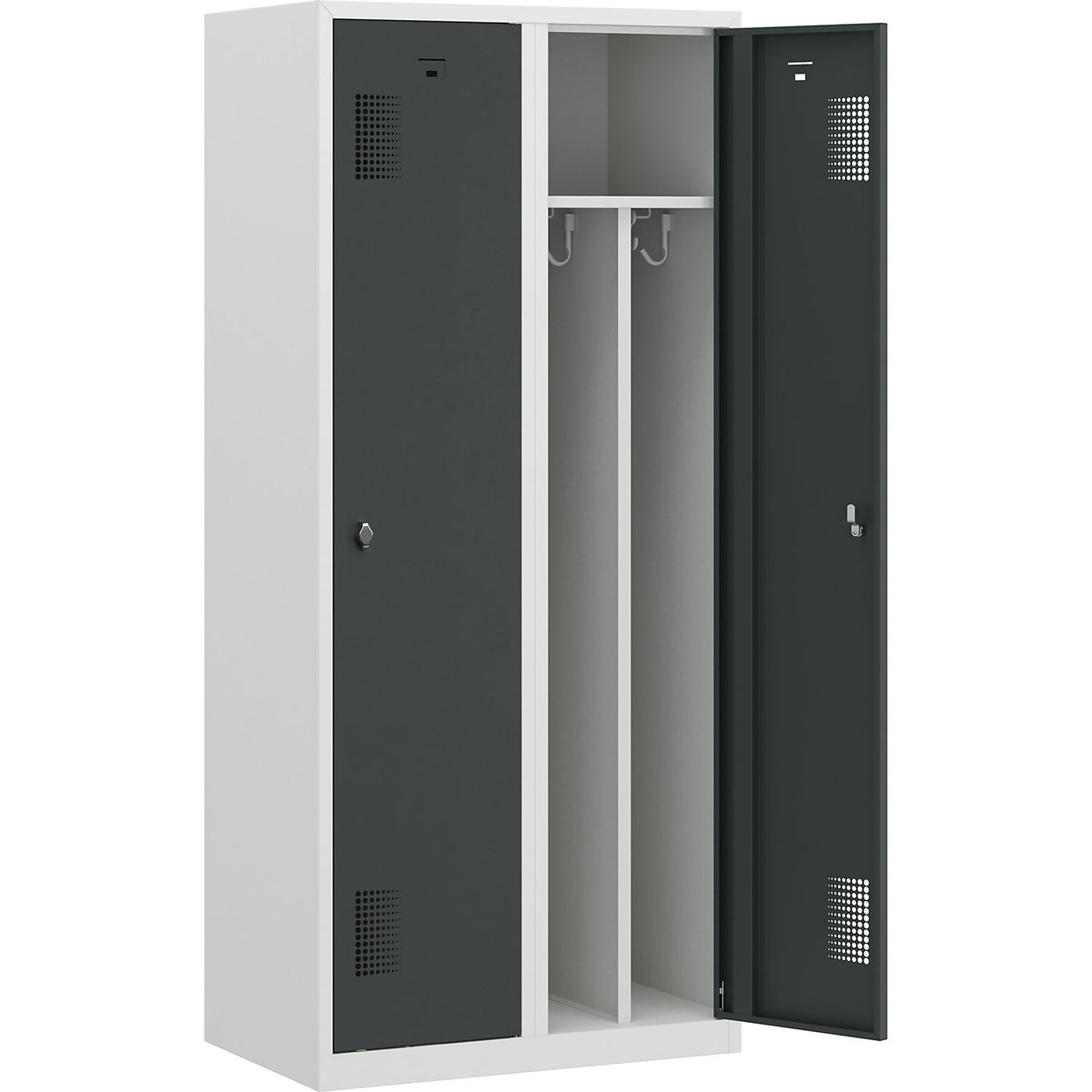 Amsterdam clean and dirty locker, centre divider, 2 compartments, light grey / basalt grey, width 800 mm.