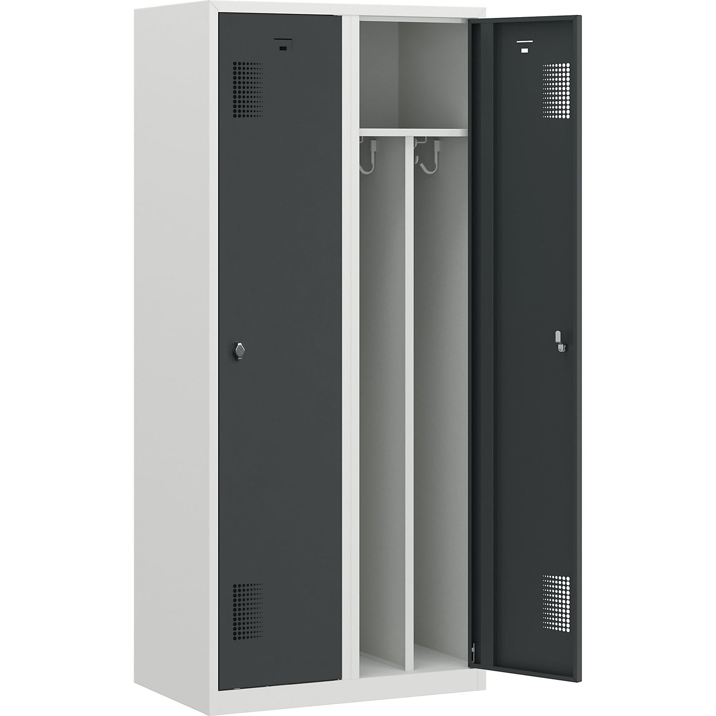 Amsterdam clean and dirty locker, centre divider, 2 compartments, light grey / basalt grey, width 800 mm.