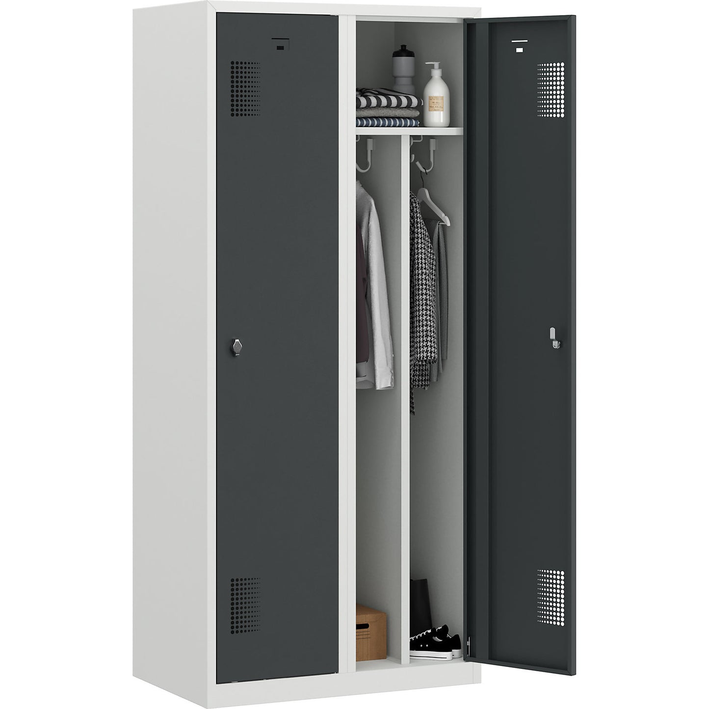 Amsterdam clean and dirty locker, centre divider, 2 compartments, light grey / basalt grey, width 800 mm.