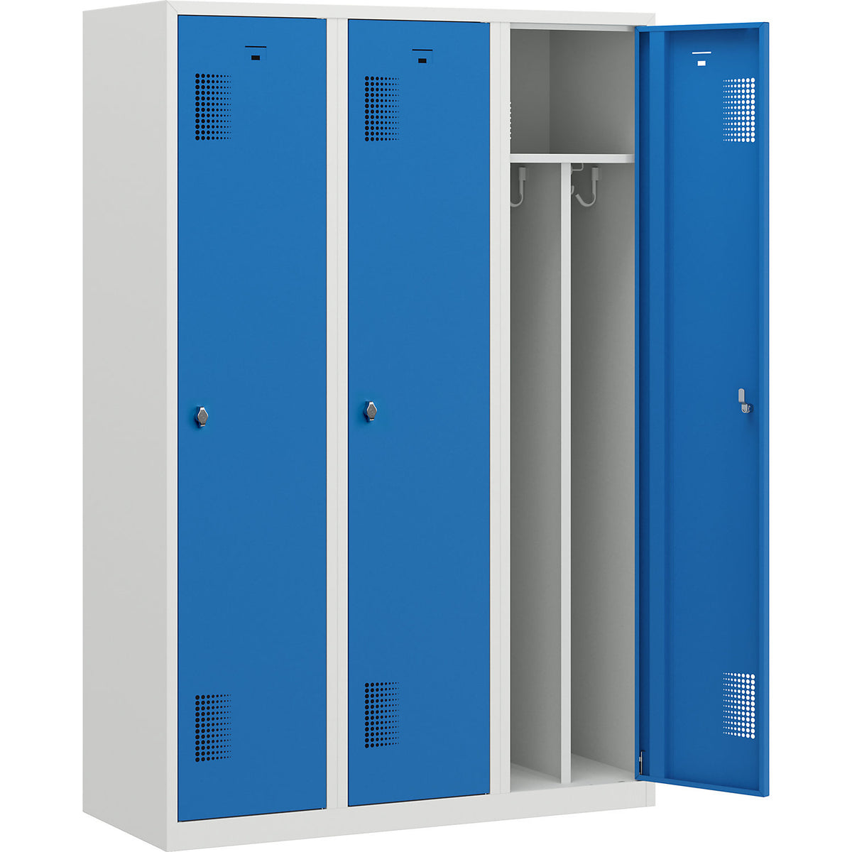 Amsterdam clean and dirty locker, centre divider, 3 compartments, light grey / light blue, width 1200 mm.