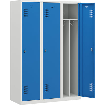 Amsterdam clean and dirty locker, centre divider, 3 compartments, light grey / light blue, width 1200 mm.