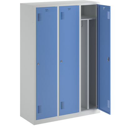 Amsterdam clean and dirty locker, centre divider, 3 compartments, light grey / light blue, width 1200 mm.