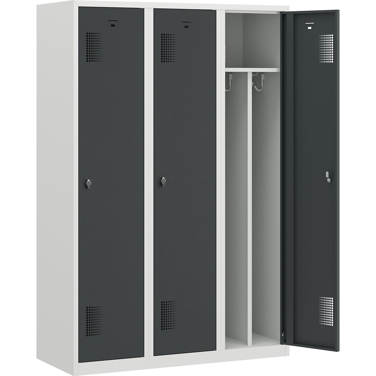 Amsterdam clean and dirty locker, centre divider, 3 compartments, light grey / basalt grey, width 1200 mm.