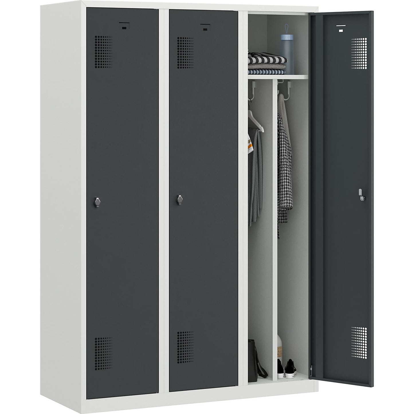 Amsterdam clean and dirty locker, centre divider, 3 compartments, light grey / basalt grey, width 1200 mm.