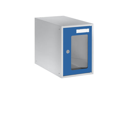 Cube locker, HxWxD 350 x 250 x 450 mm, vision panel door, light grey / gentian blue.