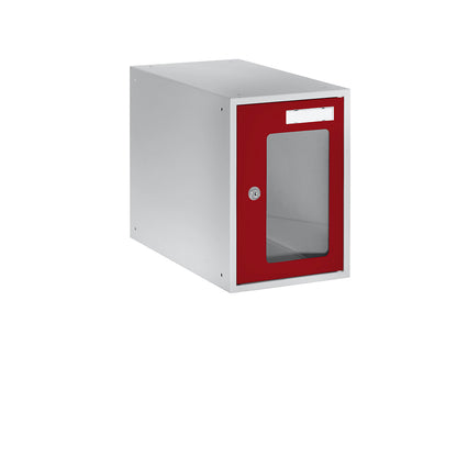 Cube locker, HxWxD 350 x 250 x 450 mm, vision panel door, light grey / flame red.
