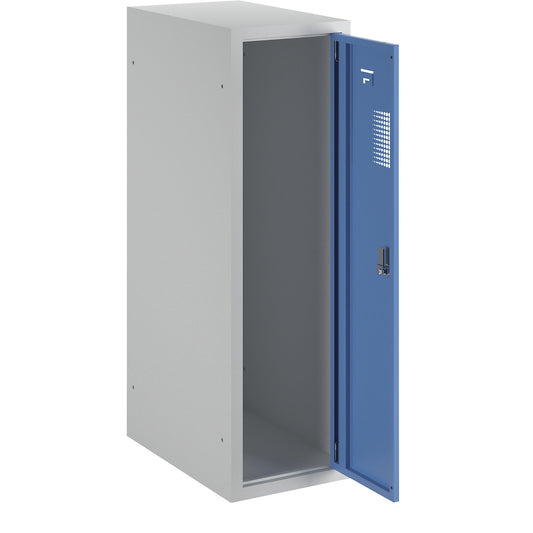 Amsterdam combination compartment locker, single module, light grey / light blue, width 300 mm, rotary bolt.