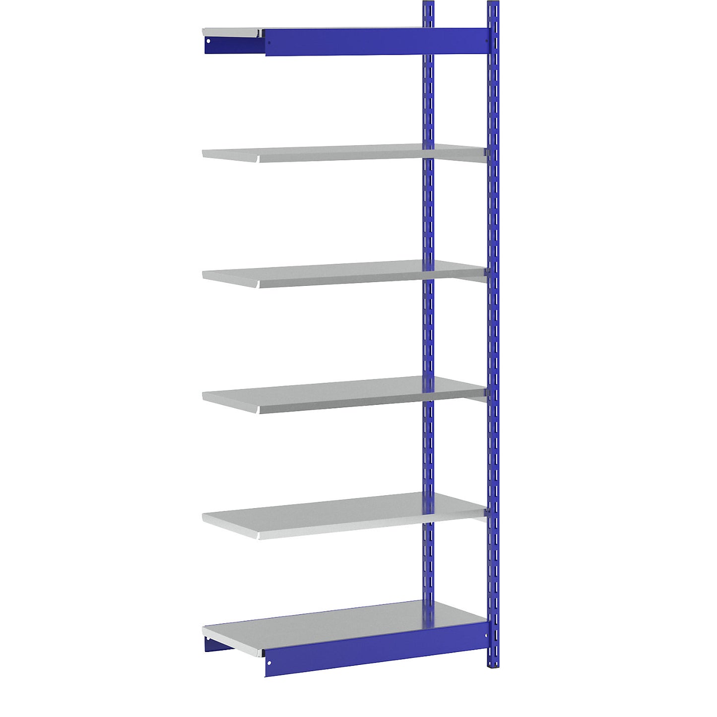 Stable boltless shelf unit, single sided, shelf unit height 2500 mm, blue / zinc-plated, shelf width 1025 mm, extension shelf unit, width x depth 1025 x 500 mm.