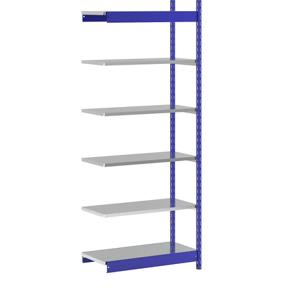 Stable boltless shelf unit, single sided, shelf unit height 2500 mm, blue / zinc-plated, shelf width 1025 mm, extension shelf unit, width x depth 1025 x 500 mm.