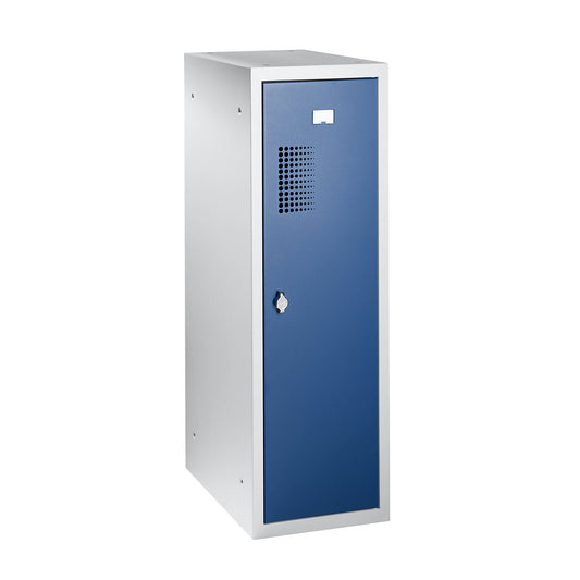 Amsterdam combination compartment locker, single module, light grey / gentian blue, width 300 mm, rotary bolt.