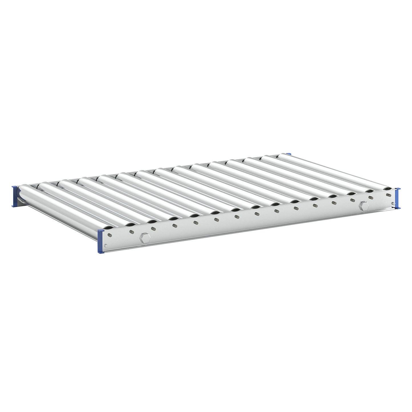 Light duty roller conveyor, steel frame with zinc plated steel rollers, track width 600 mm, axle spacing 100 mm, length 1 m.