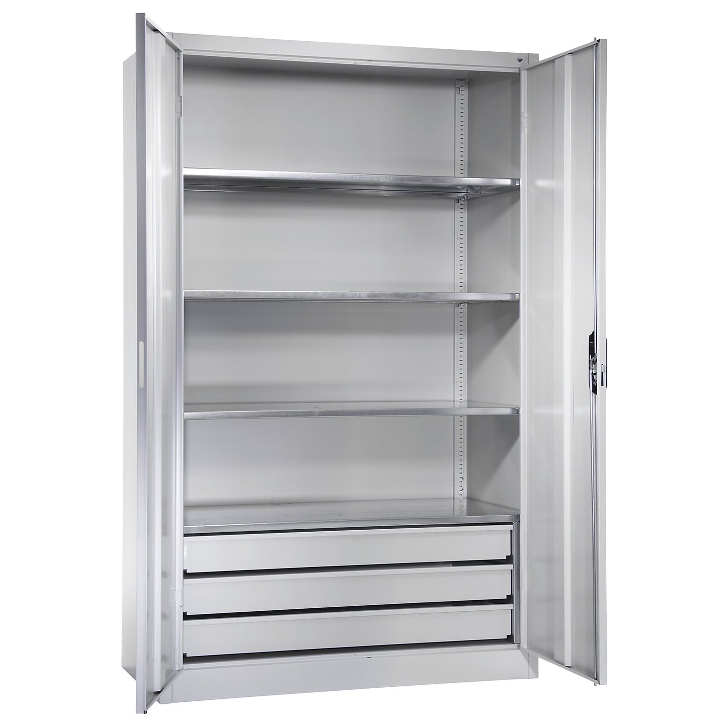 Large cupboard, extra high, HxW 1950 x 1200 mm, depth 500 mm, light grey doors.