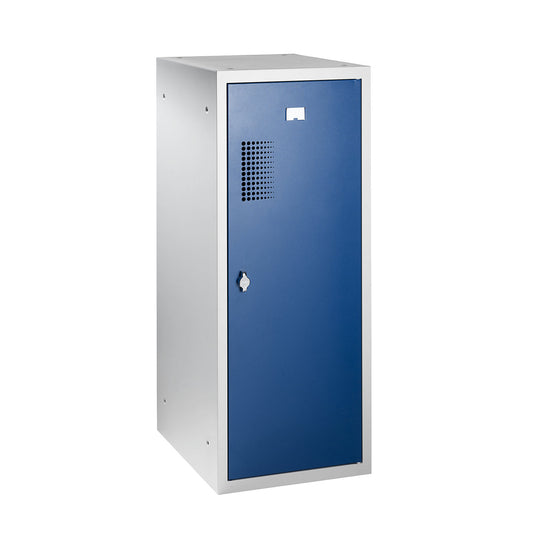Amsterdam combination compartment locker, single module, light grey / gentian blue, width 400 mm, rotary bolt.