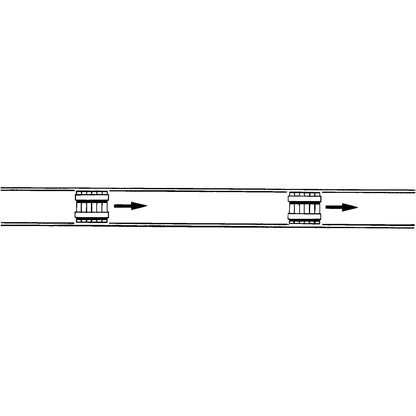 Flexible roller conveyor, track length 2600 - 9800 mm (extendable), track width 500 mm.
