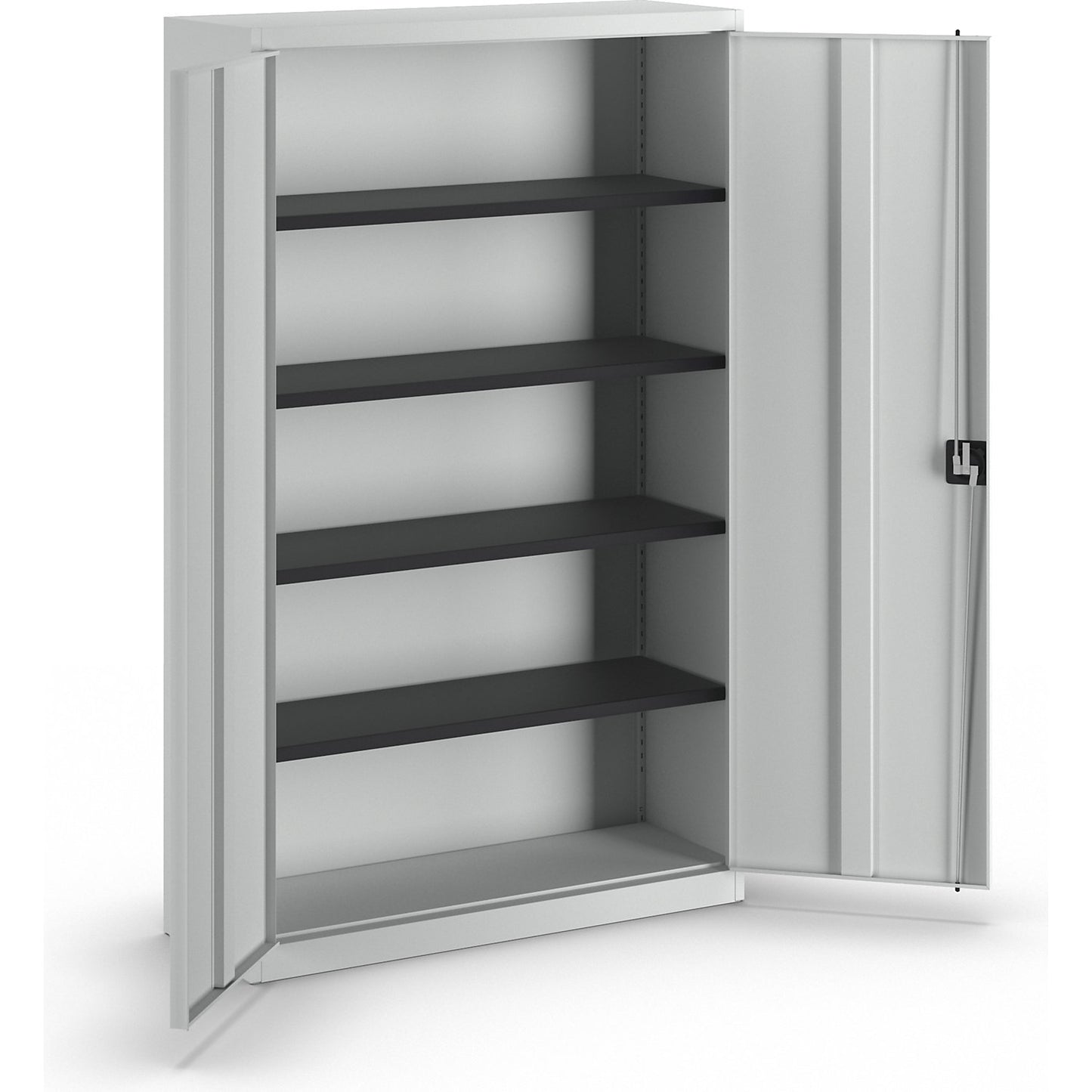 Steel cabinet with double doors, 4 shelves, width 1200 mm, light grey, external depth 420 mm.
