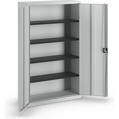 Steel cabinet with double doors, 4 shelves, width 1200 mm, light grey, external depth 420 mm.