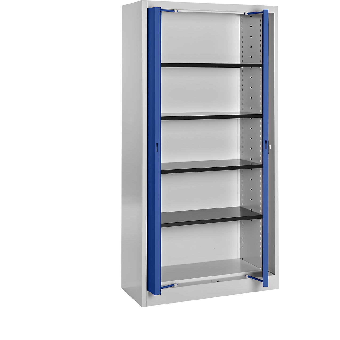 Steel cupboard with flush doors, 4 shelves, 420 mm deep, light grey / ultramarine.