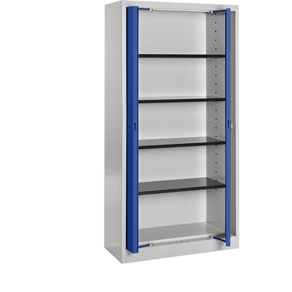 Steel cupboard with flush doors, 4 shelves, 420 mm deep, light grey / ultramarine.