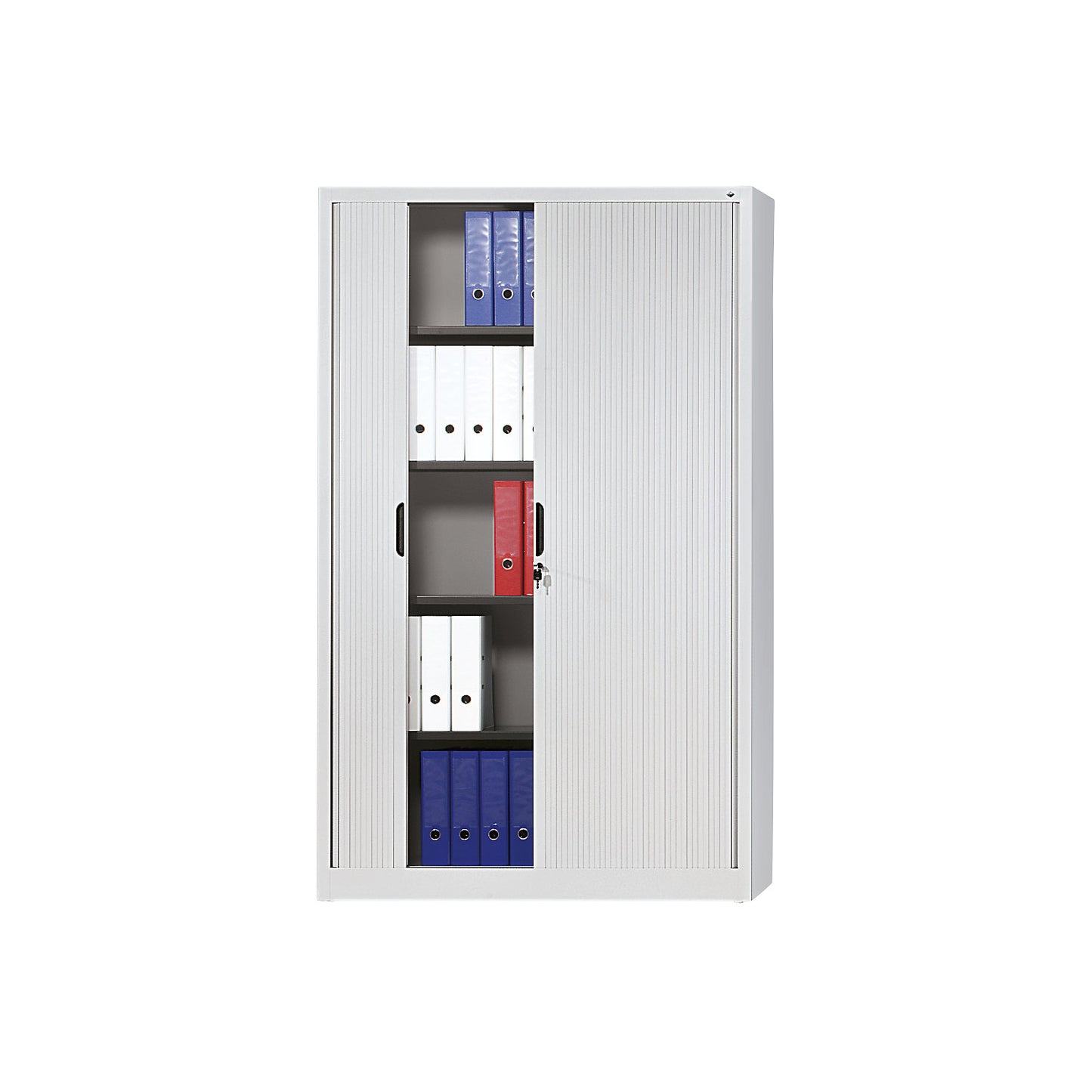 Roller shutter cupboard with horizontal shutter, HxWxD 1980 x 1200 x 420 mm, 4 shelves, 5 file heights, light grey.
