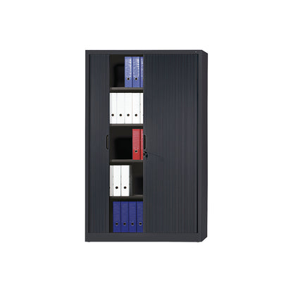 Roller shutter cupboard with horizontal shutter, HxWxD 1980 x 1200 x 420 mm, 4 shelves, 5 file heights, black grey.
