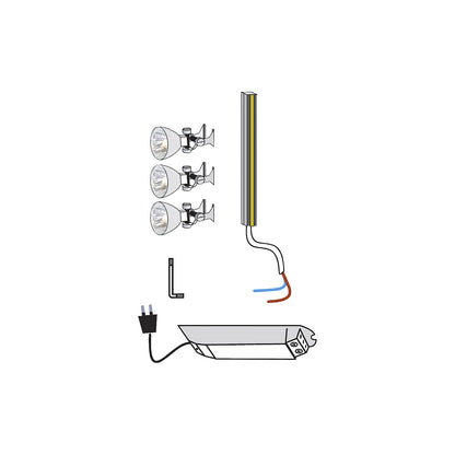 Low voltage illumination, rail system set with 3 x 20 W spotlights, for cabinet.