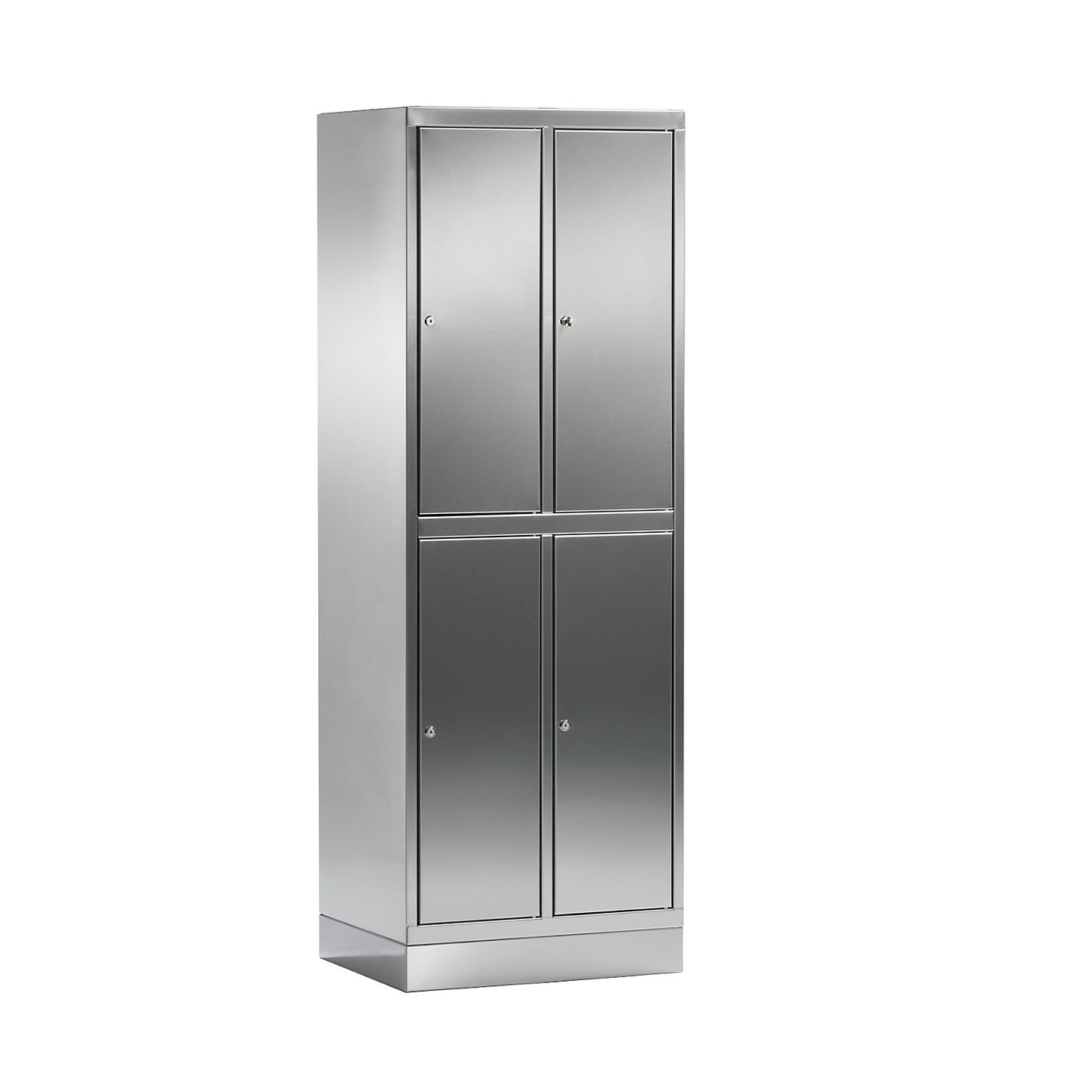 Double deck clothes locker made of stainless steel, 2 compartments, with plinth.