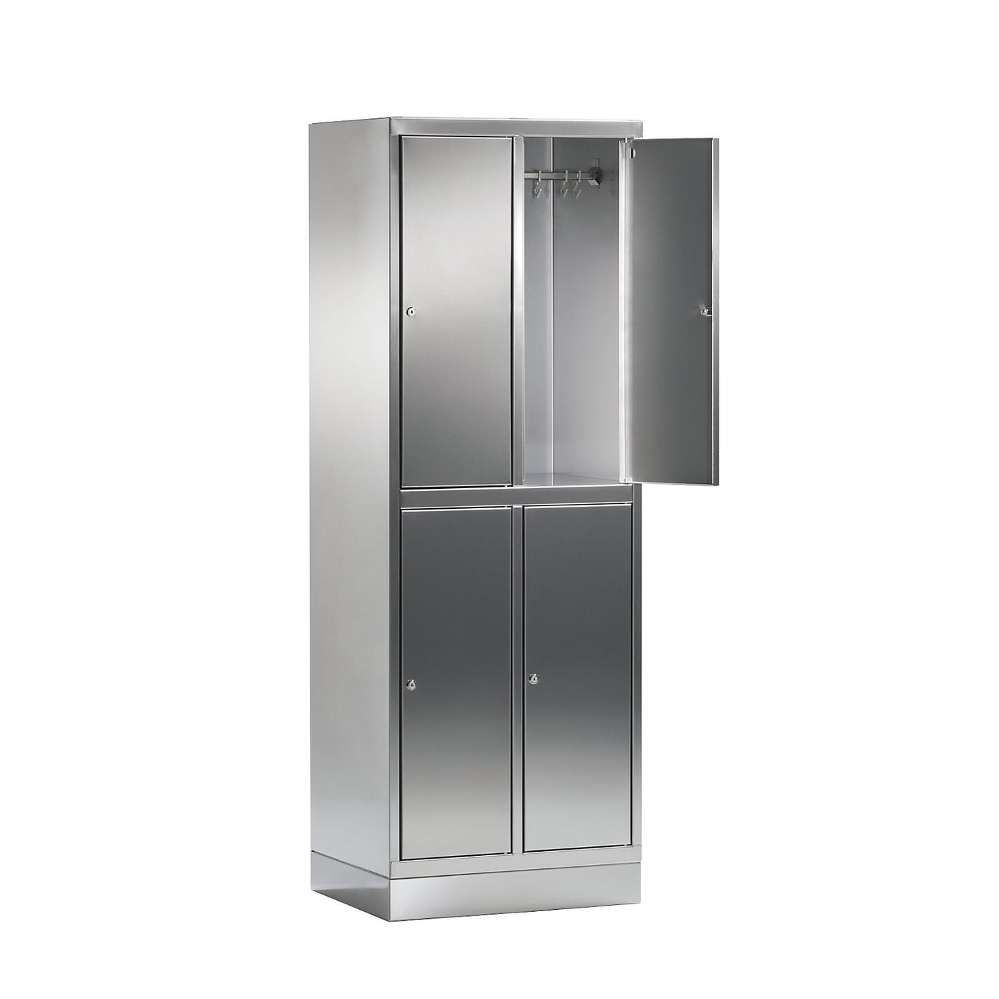 Double deck clothes locker made of stainless steel, 2 compartments, with plinth.