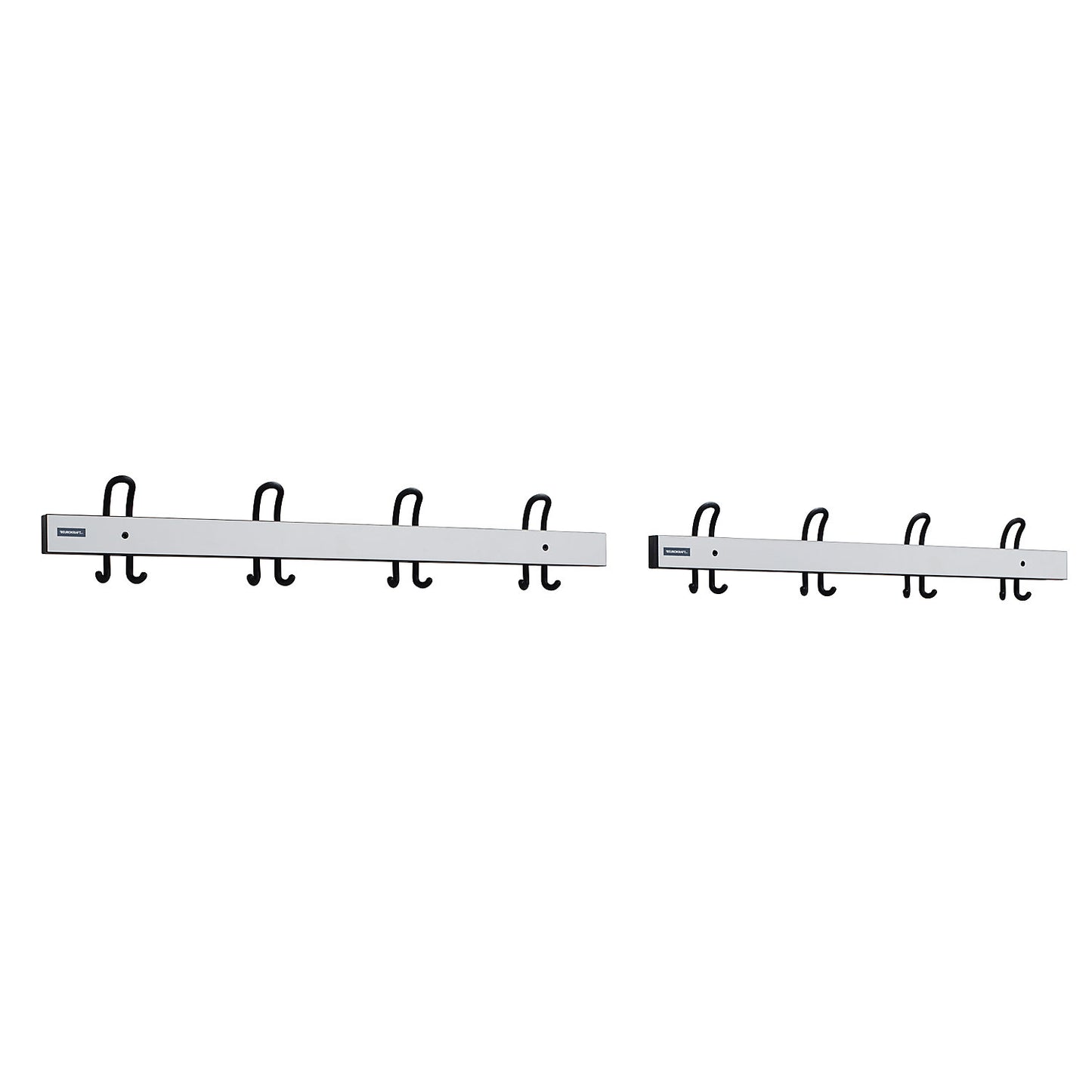 Coat rail with double hooks, length 2 x 1000 mm, 2 x 4 double hooks, light grey.