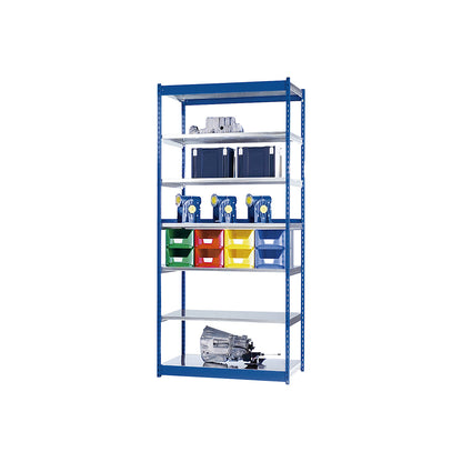 Stable boltless shelf unit, single sided, shelf unit height 3000 mm, blue / zinc-plated, shelf width 1325 mm, basic shelf unit, width x depth 1325 x 500 mm.