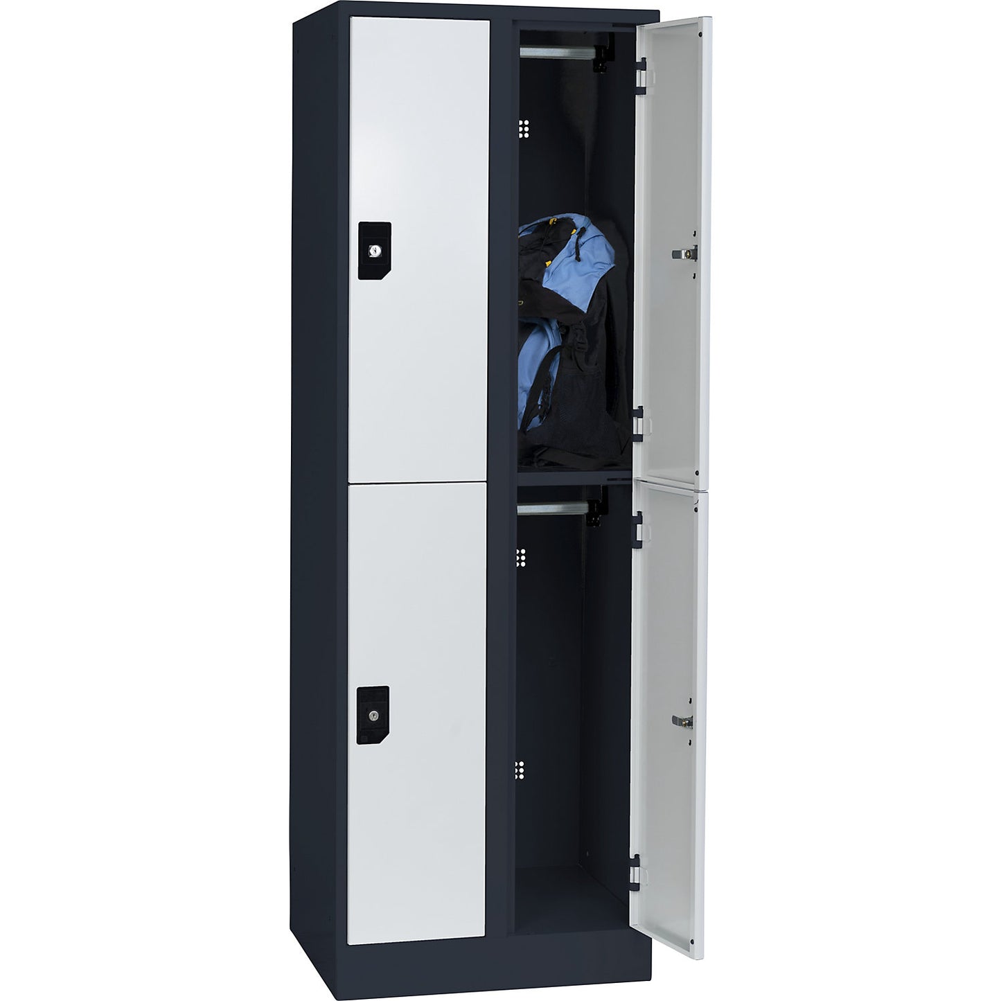 Stuttgart double deck clothes locker, 2 compartments, W 600 mm, charcoal / light grey.
