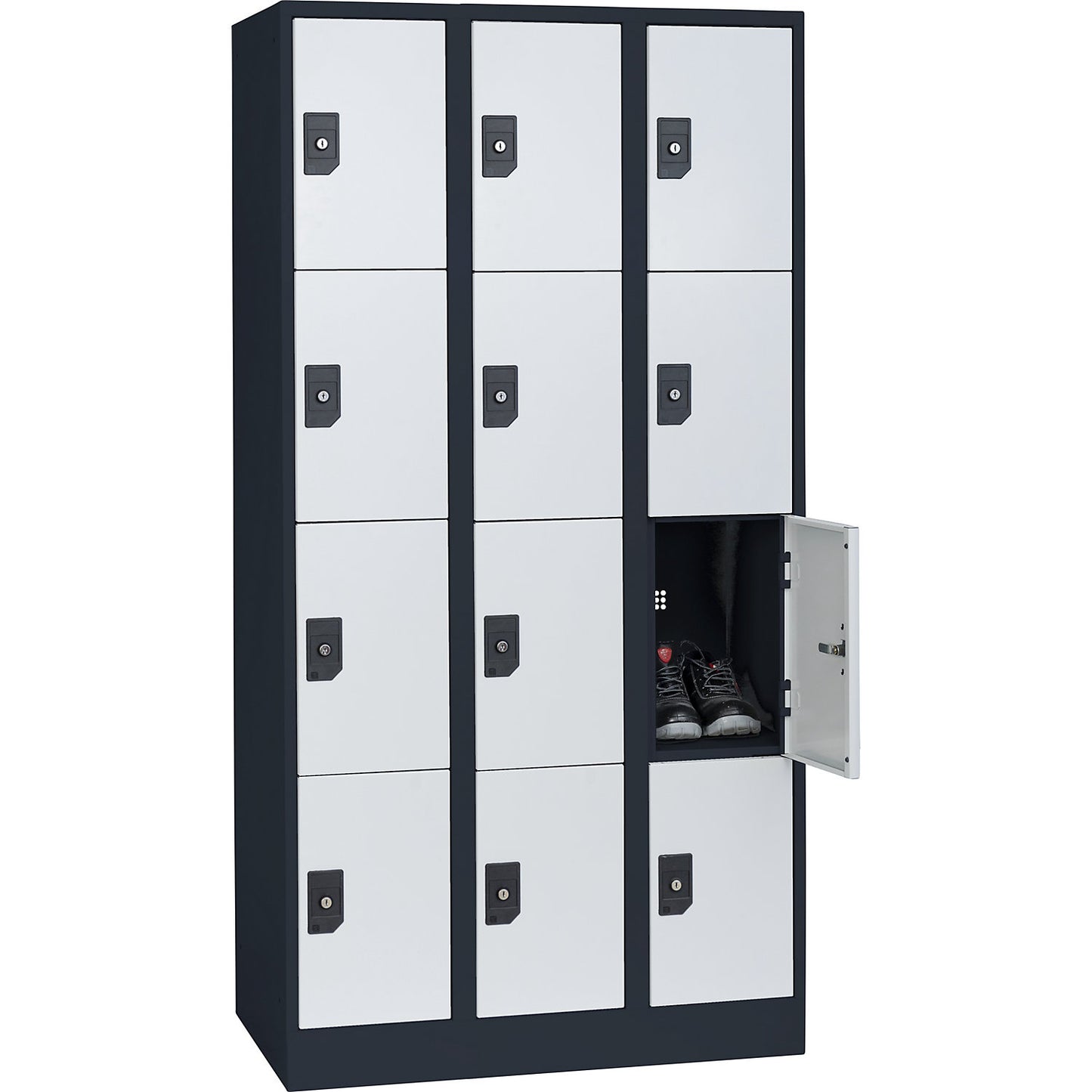 Stuttgart 4-fold compartment locker, 3 compartments, W 900 mm, charcoal / light grey.